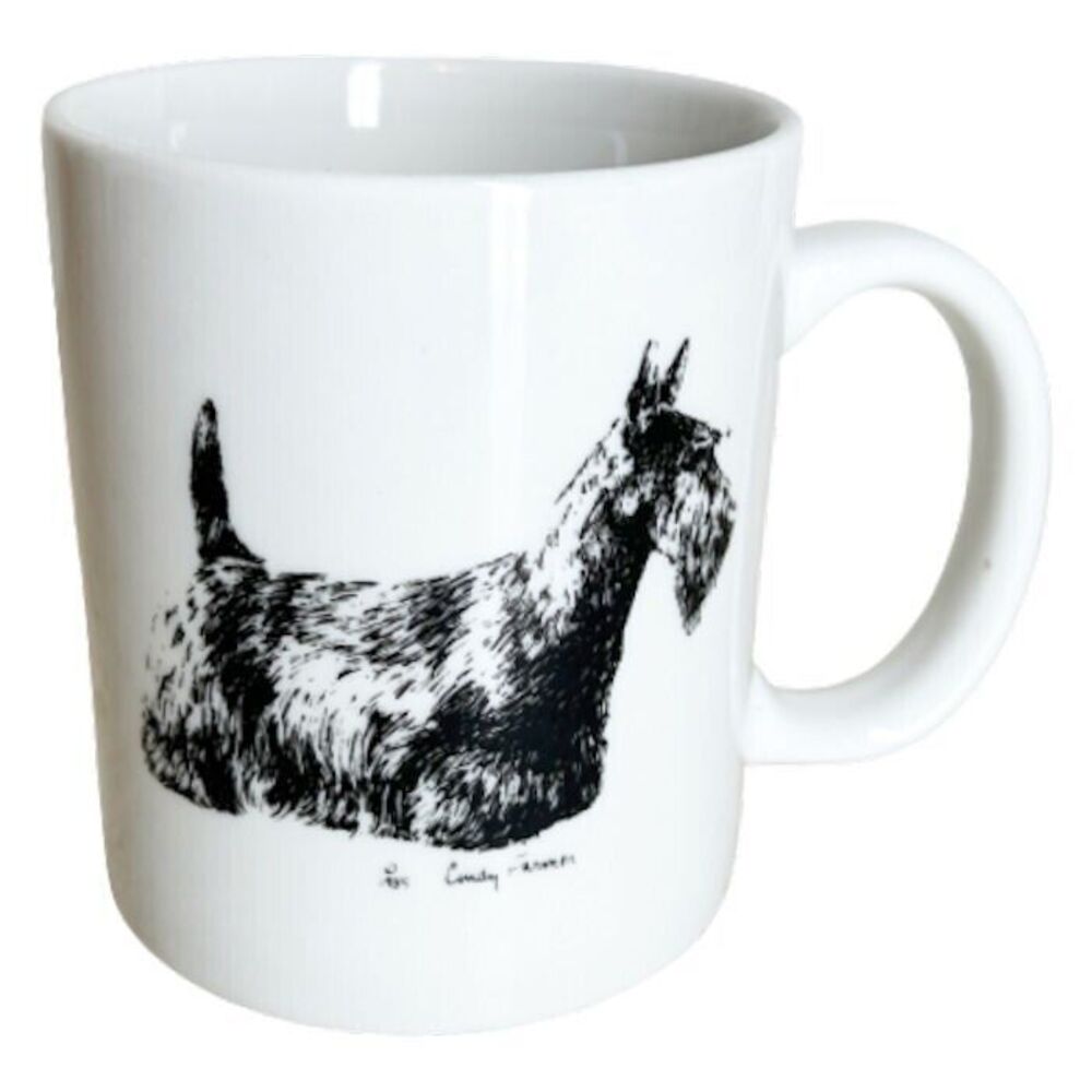 Vintage Terrier Dog Coffee Mug Hand Decorated Etched Art on White Ceramic 1985